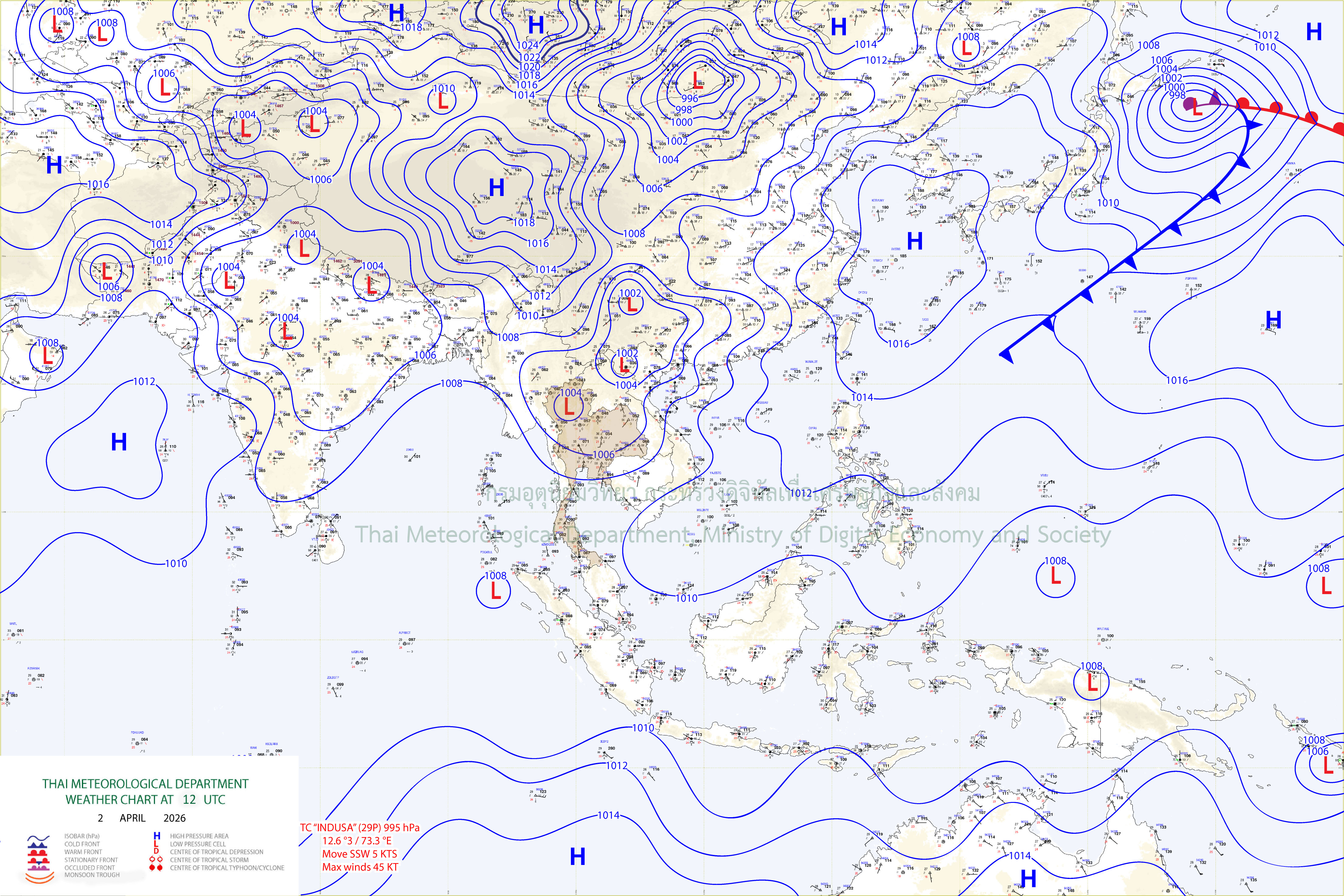 แผนที่อากาศผิวพื้น 2 เมษายน 2569 19:00