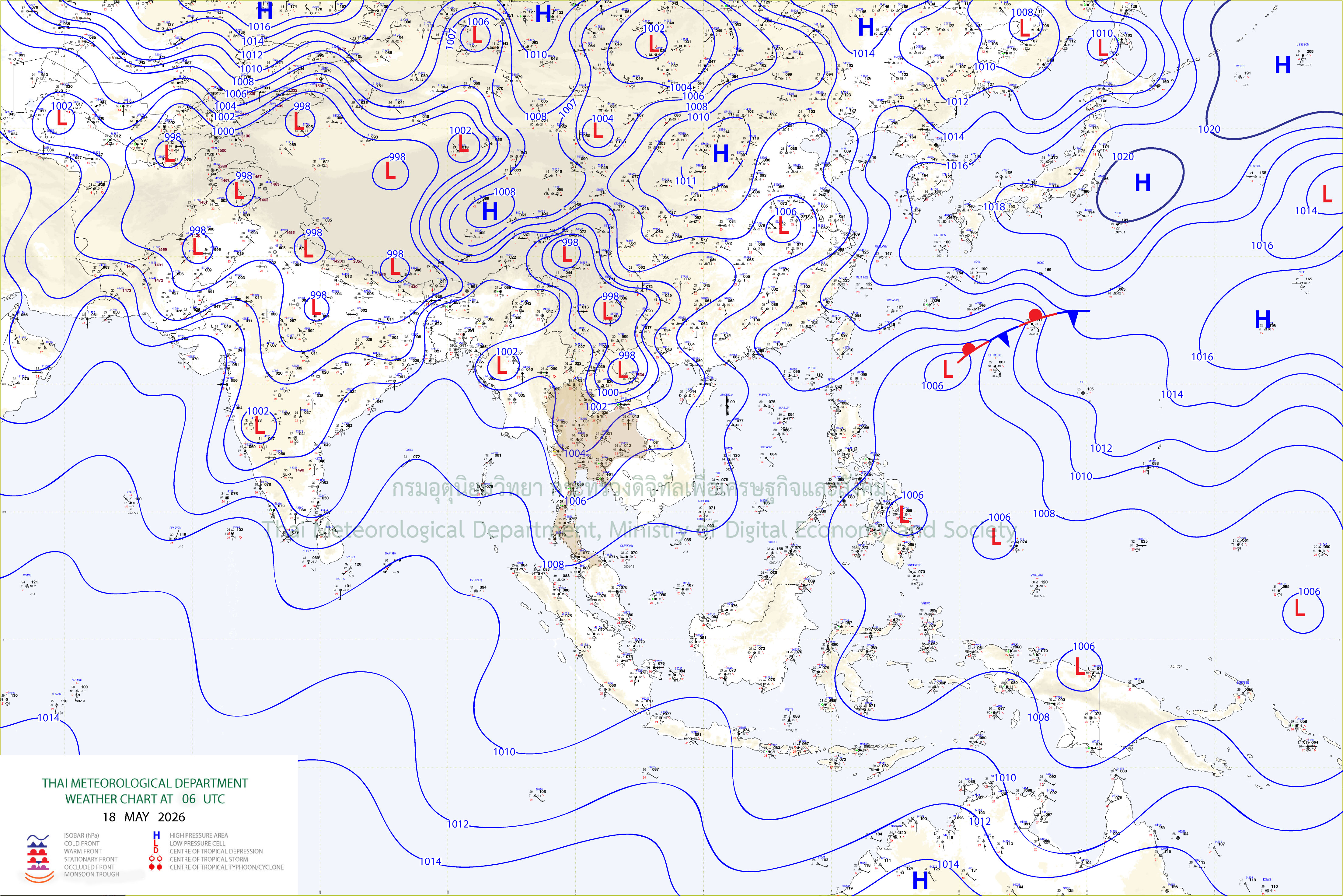 แผนที่อากาศผิวพื้น 18 พฤษภาคม 2569 13:00